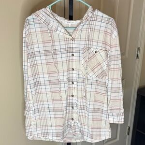 Eden & Olivia Plaid Hooded Button Down Shirt - Cream and Pink
